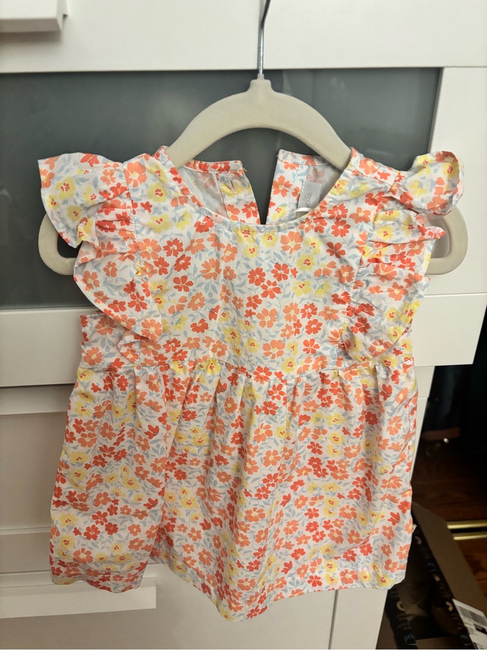 Girls' Floral Ruffle Summer Dress - White with Coral & Yellow Flowers